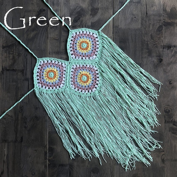 Women Tassel Crochet Knitted Halter Slim Bikini Top Swimsuit Tops Bohemia Swimwear Sexy Handmade Crochet Bikini Cotton Cover Top