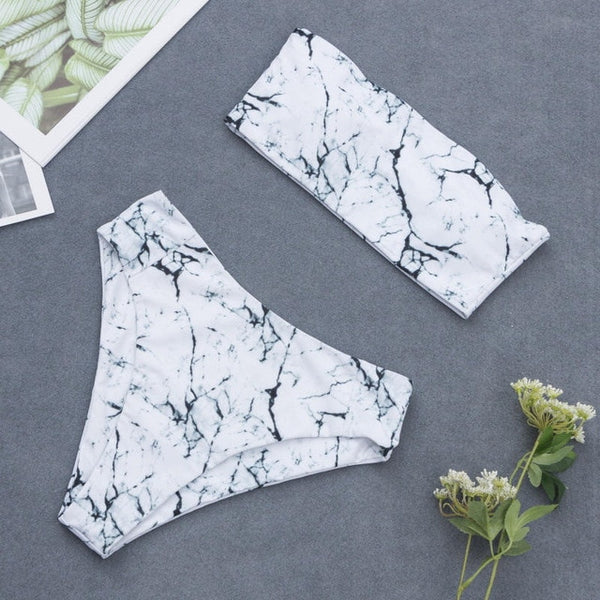2020 Tube Top Swimwear Sexy Women Marble Print Padded Bra Beach Bikini Set Swimwer Bathing Suit Beachwear Maillot De Bain