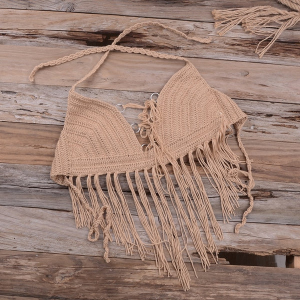 Womens Knit Camisole Bohemian Floral Tassel Halter Top Holiday Crochet Bikini Top Bralette Bra Tank Vest Summer Sexy Beachwear