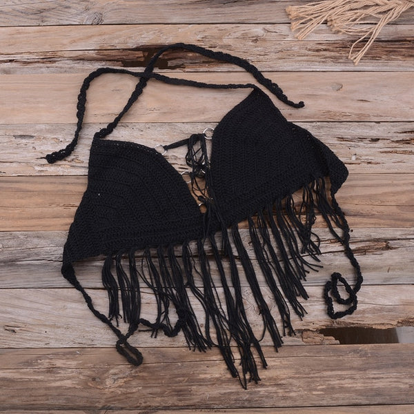 Womens Knit Camisole Bohemian Floral Tassel Halter Top Holiday Crochet Bikini Top Bralette Bra Tank Vest Summer Sexy Beachwear