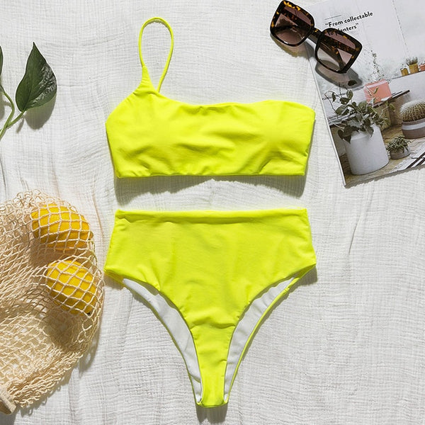 In-X High waist bikinis 2020 mujer Neon swimsuit female one shoulder swimwear women Bandeau top Sexy green bathing suit bathers