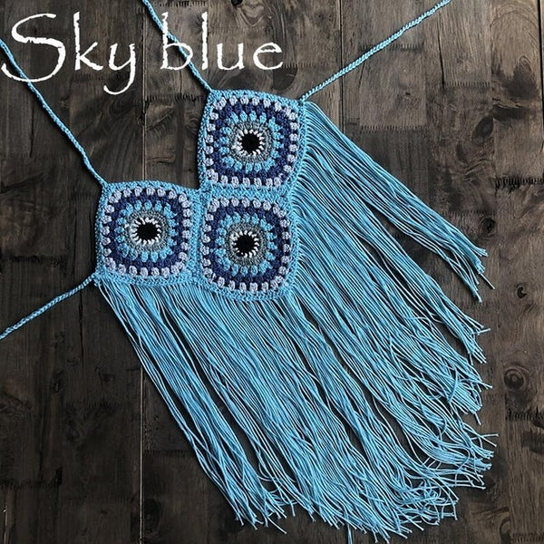 Women Tassel Crochet Knitted Halter Slim Bikini Top Swimsuit Tops Bohemia Swimwear Sexy Handmade Crochet Bikini Cotton Cover Top