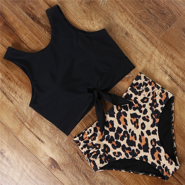 2020 Women Bikinis Set Sports Tank Bikini Tops Retro Snakeskin/Floral/Striped/Leopard High Waisted Bottoms Bow Swimsuit Biquini