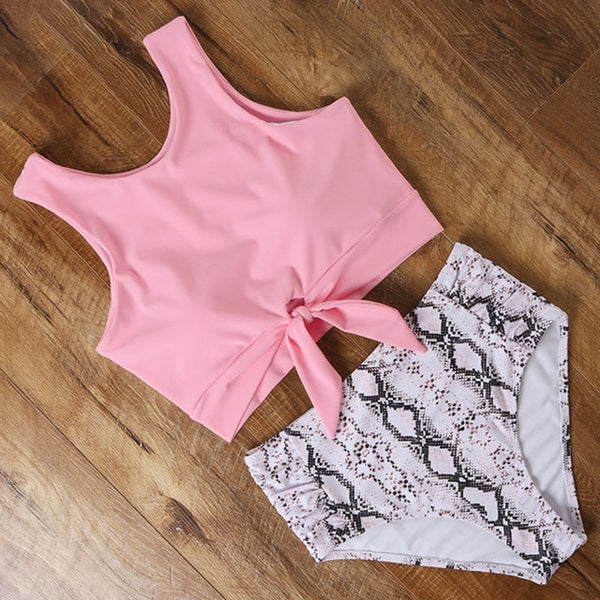 2020 Women Bikinis Set Sports Tank Bikini Tops Retro Snakeskin/Floral/Striped/Leopard High Waisted Bottoms Bow Swimsuit Biquini