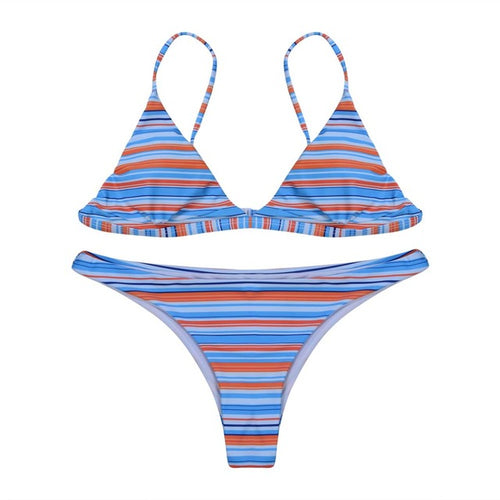 Women Stripe Bikini Set Padded Bra Tops Thong Bottoms Leopard Print Swimwear Swimsuit Bikini Sets