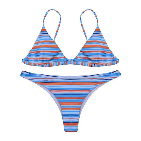 Women Stripe Bikini Set Padded Bra Tops Thong Bottoms Leopard Print Swimwear Swimsuit Bikini Sets