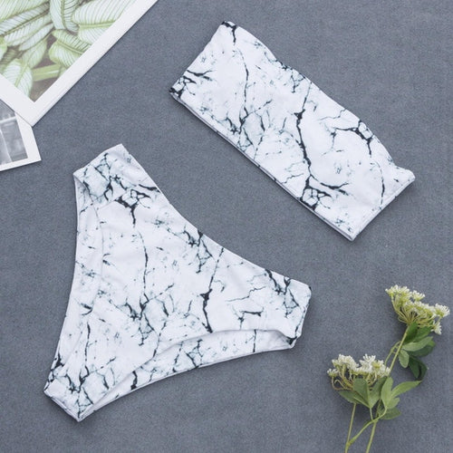 2020 Tube Top Swimwear Sexy Women Marble Print Padded Bra Beach Bikini Set Swimwer Bathing Suit Beachwear Maillot De Bain