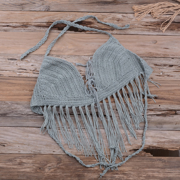 Womens Knit Camisole Bohemian Floral Tassel Halter Top Holiday Crochet Bikini Top Bralette Bra Tank Vest Summer Sexy Beachwear
